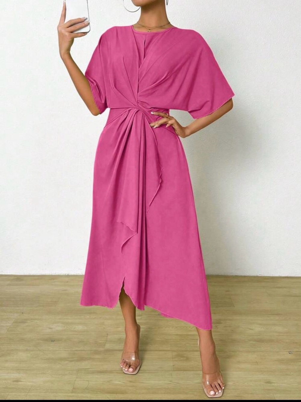 Elegant Knot-Front Midi Dress in Pink
